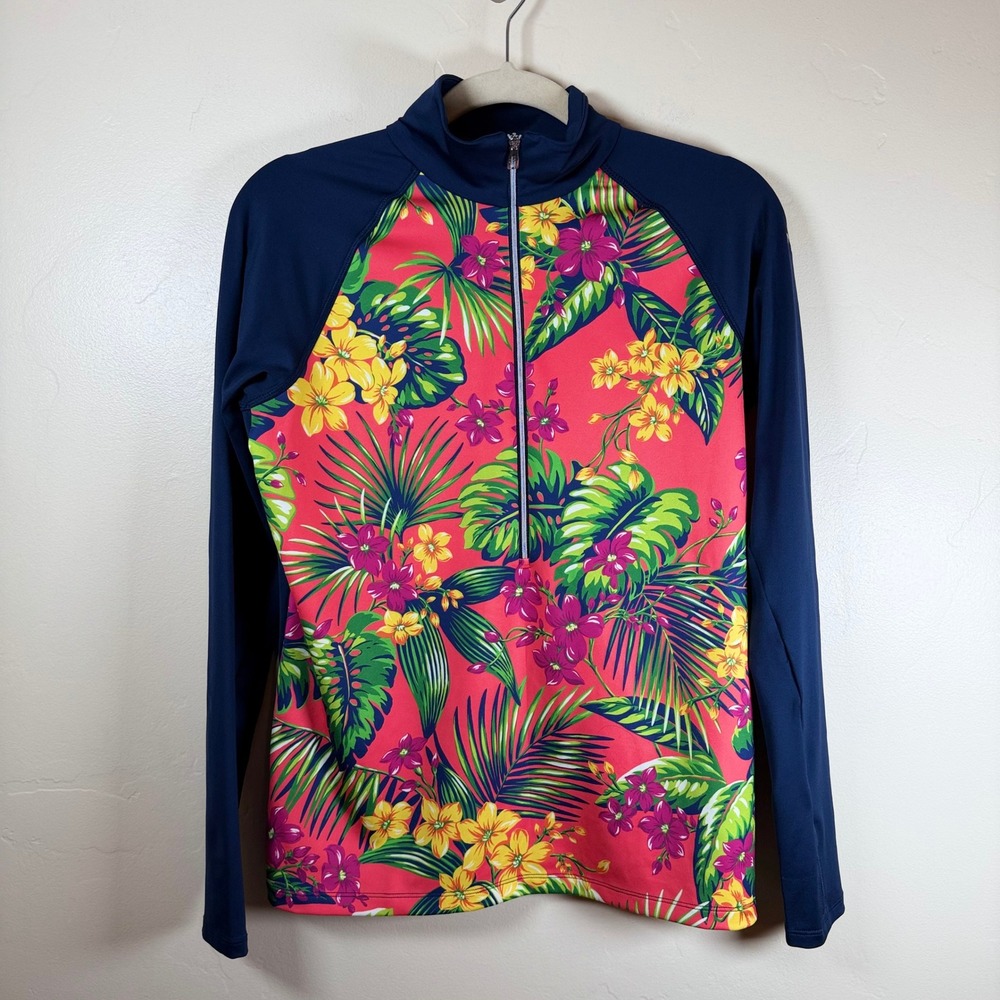 RLX Ralph Lauren Pullover Women M Navy Blue Floral Quarter Zip Nanea Golf Club